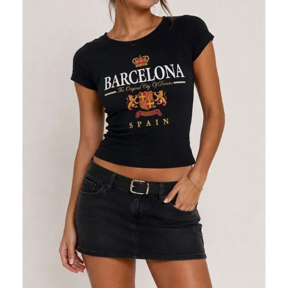 Barcelona Spain Graphic Baby Tee Y2K Euro Travel Aesthetic Top L